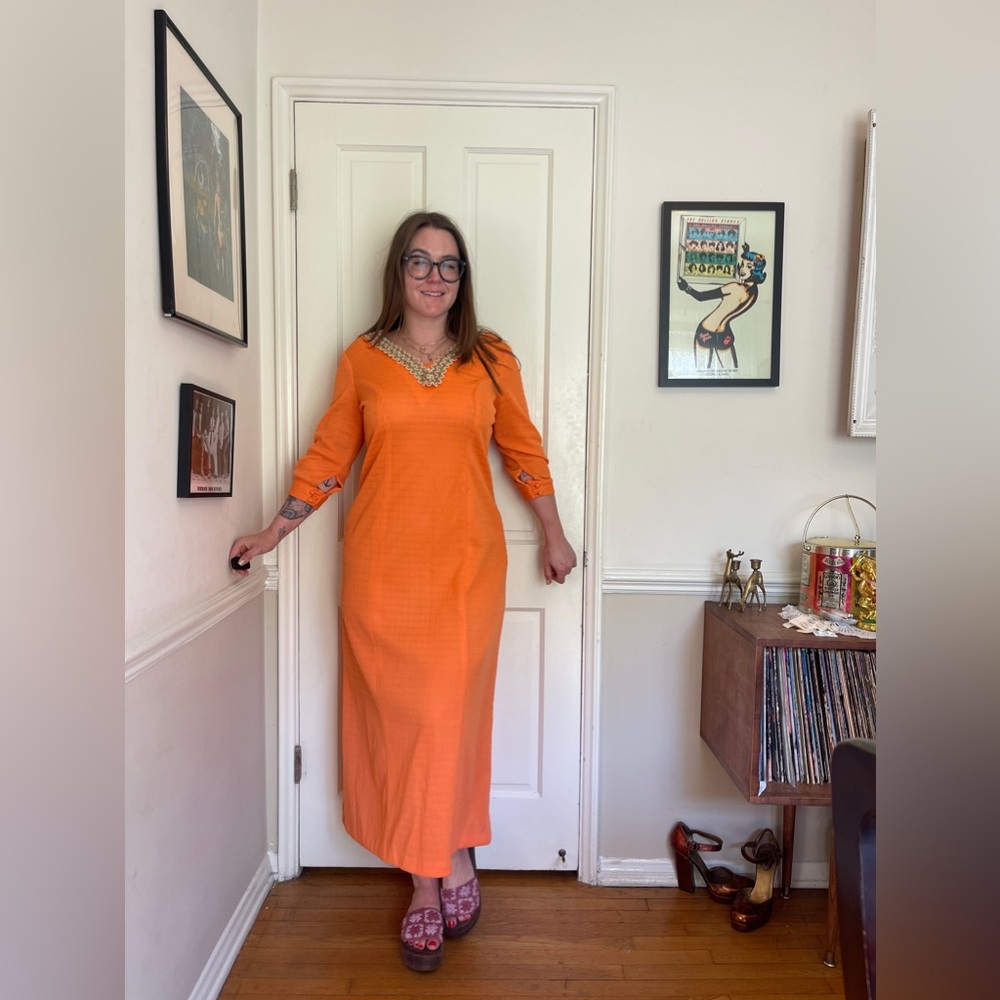 60s-70s Vintage Orange Maxi Dress with Beaded Neckline